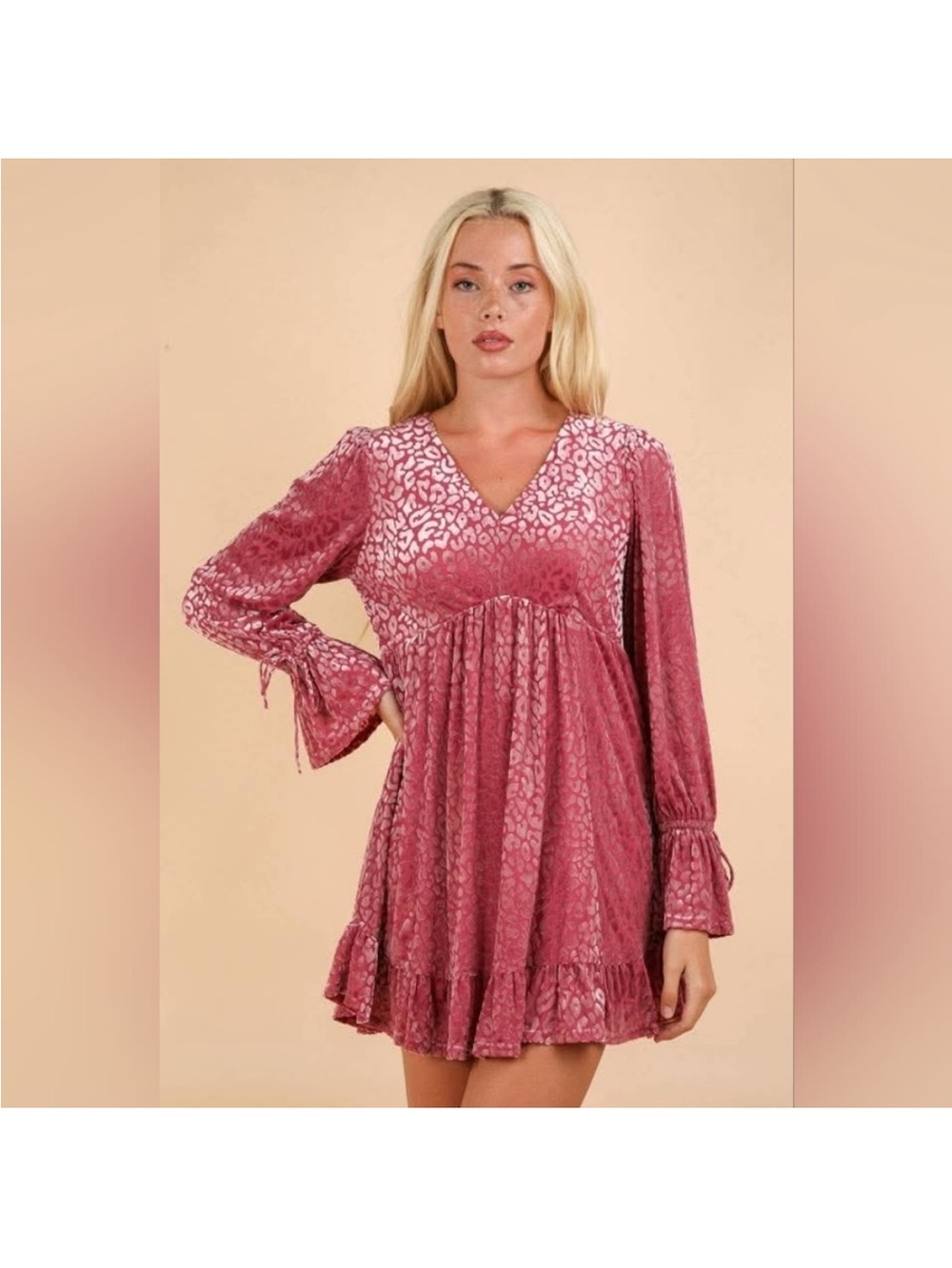 New In Leopard Velvet Ruffled Holiday Mini Dress